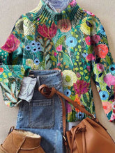 Women's Vintage Lovely Floral Art Print Knit Turtleneck Pullover Sweater